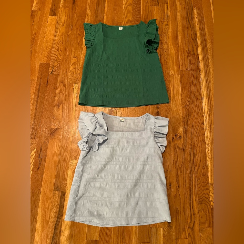 SHEIN Blouses Green and Gray Ruffle Sleeve Tops